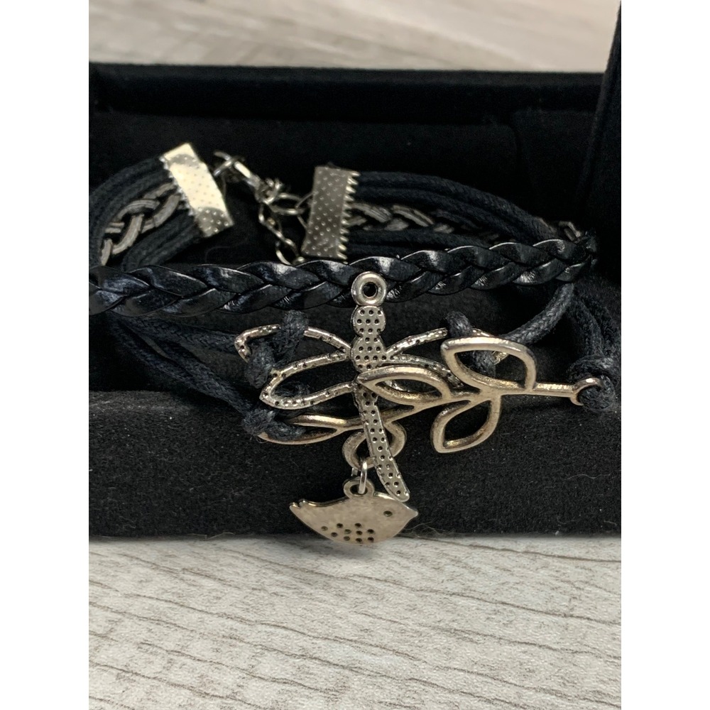 Black Multi Strand Braided Bracelet Dragonfly Leaf Bird Charms Silver Tone 5074